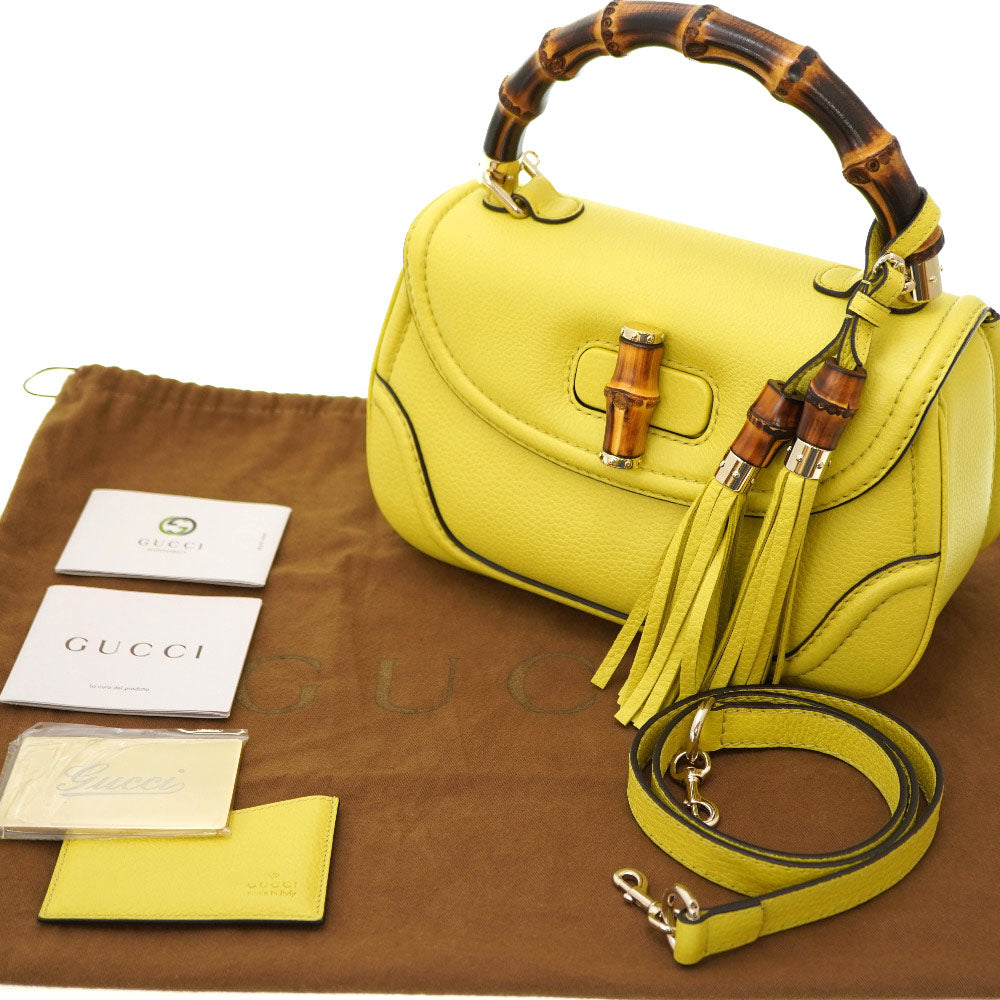 新品同様 グッチ ニューバンブー ショルダー ハンドバッグ 254884 レザー イエロー ストラップ付 0020【中古】GUCCI 黄色
