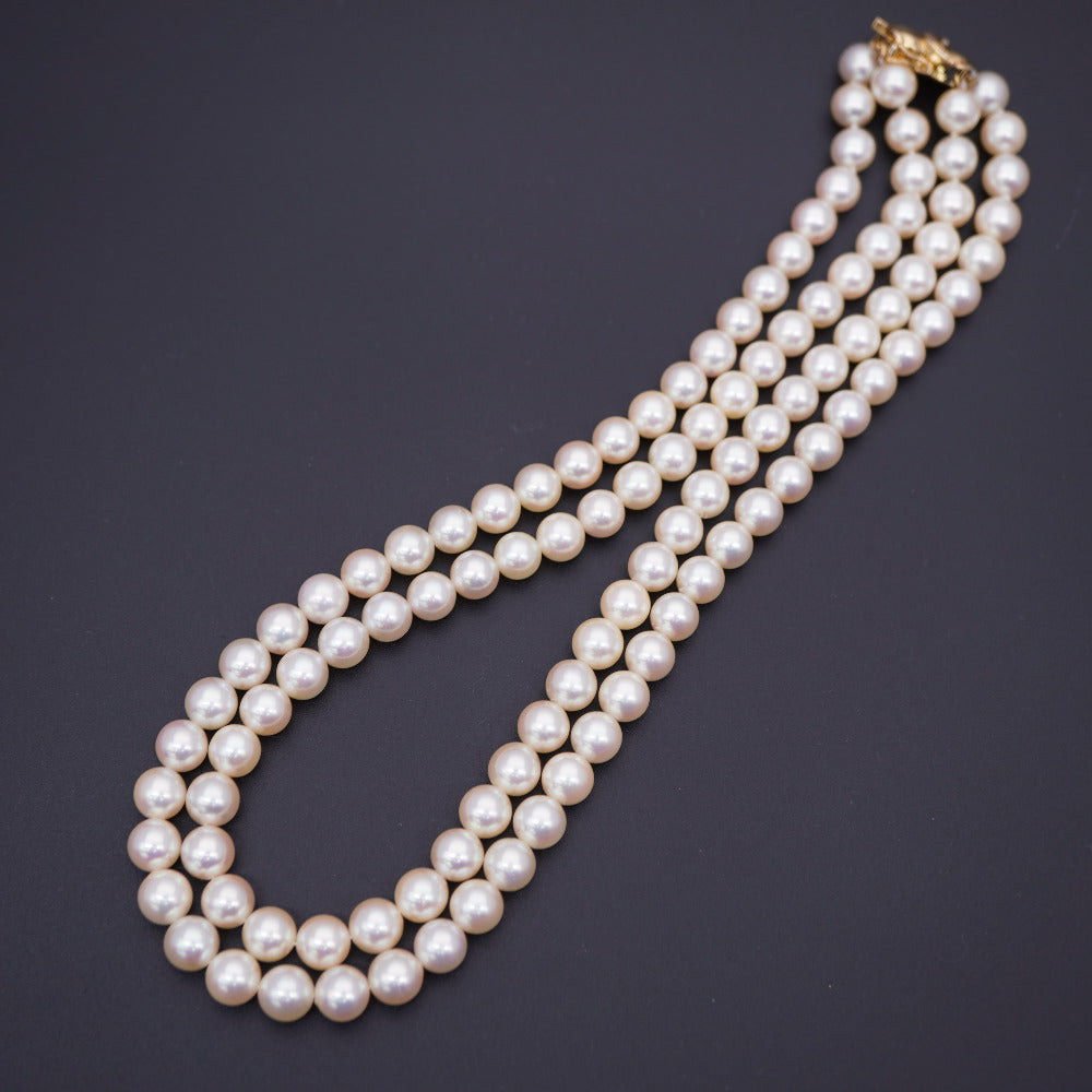 美品 2連 パール7mm K18YG ダイヤモンド0.04ct ネックレス イ パール 0042【中古】レディース