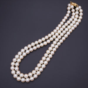 美品 2連 パール7mm K18YG ダイヤモンド0.04ct ネックレス イ パール 0042【中古】レディース