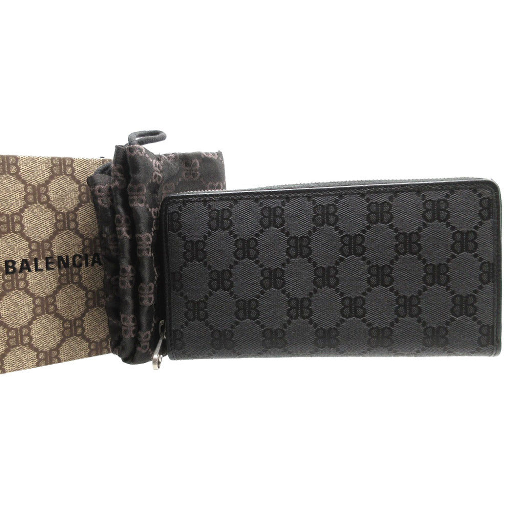 新品同様 バレンシアガ×グッチ 680422 キャンバス ブラック 黒 ラウンドファスナー長財布 財布 0064【中古】BALENCIAGA GUCCI