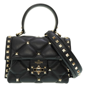 美品 ヴァレンティノ ロックスタッズ 2WAY ショルダー ハンドバッグ ハンドバッグ レザー ブラック 黒 0081【中古】VALENTINO ショルダーストラップ バレンチノ