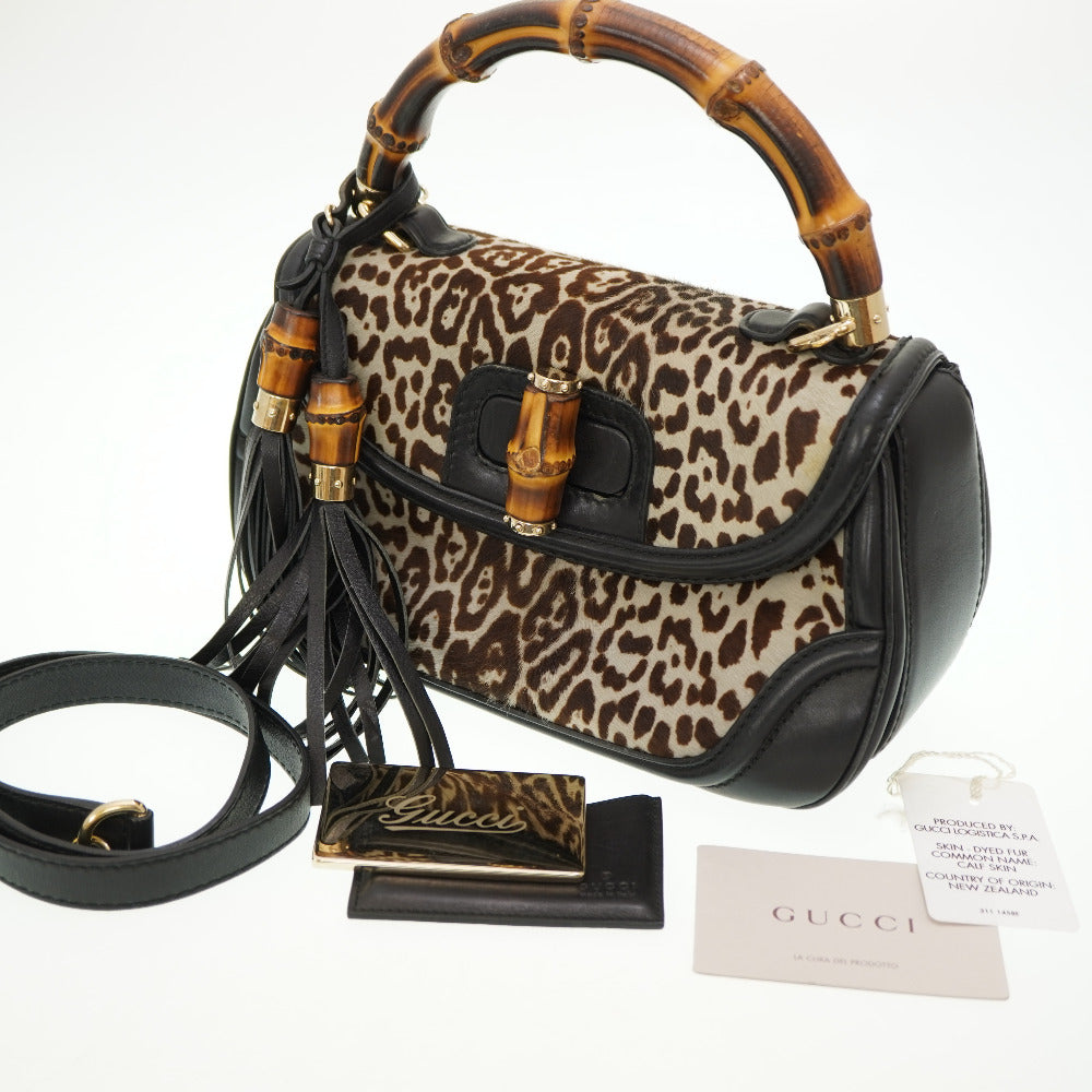 グッチ ニューバンブー 254884 ショルダー ハンドバッグ ハラコ/レザー レオパード柄 タッセルチャーム  0083【中古】GUCCI ストラップ