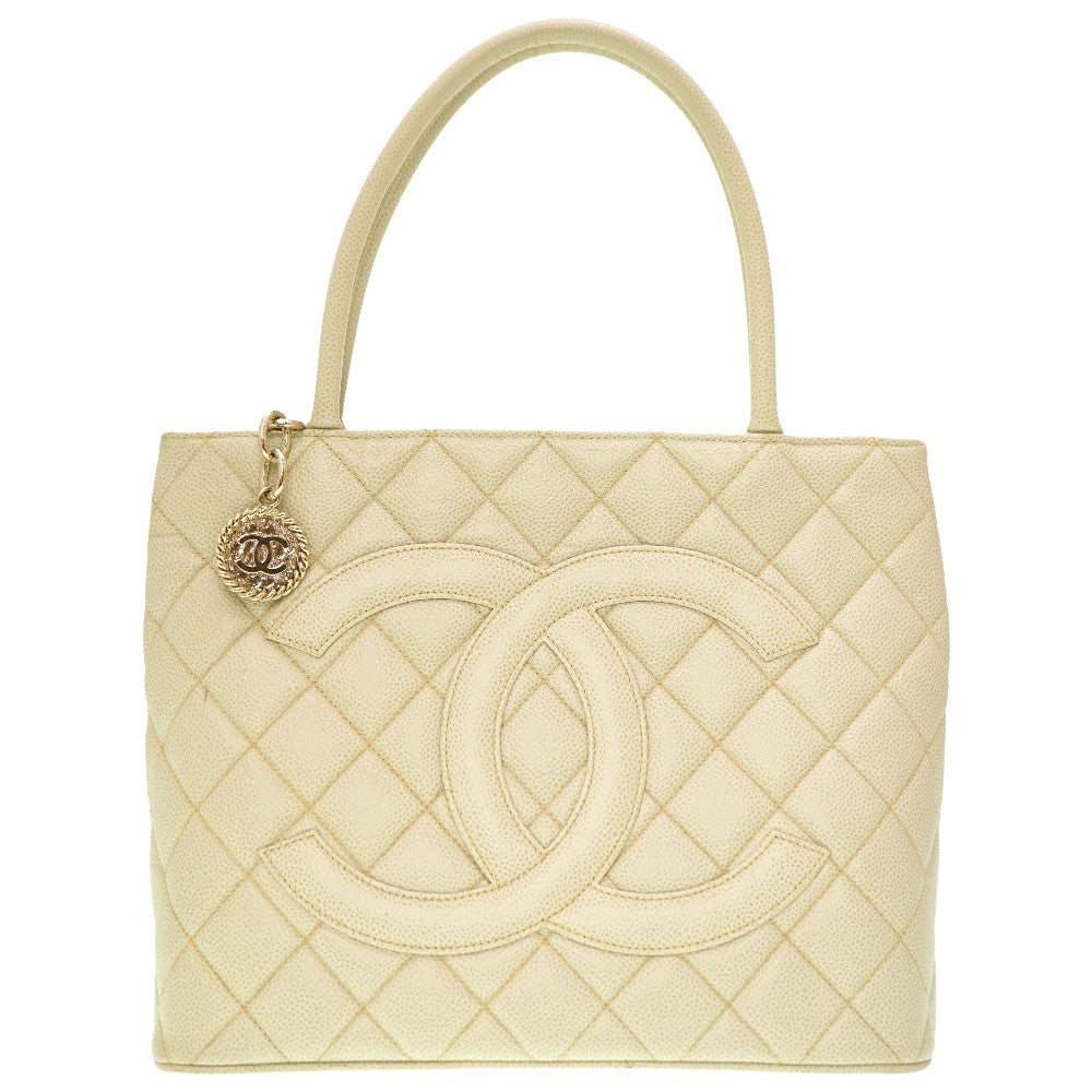 美品 シャネル 復刻トート キャビアスキン アイボリーグレー ゴールド金具 トートバッグ 0088【中古】CHANEL