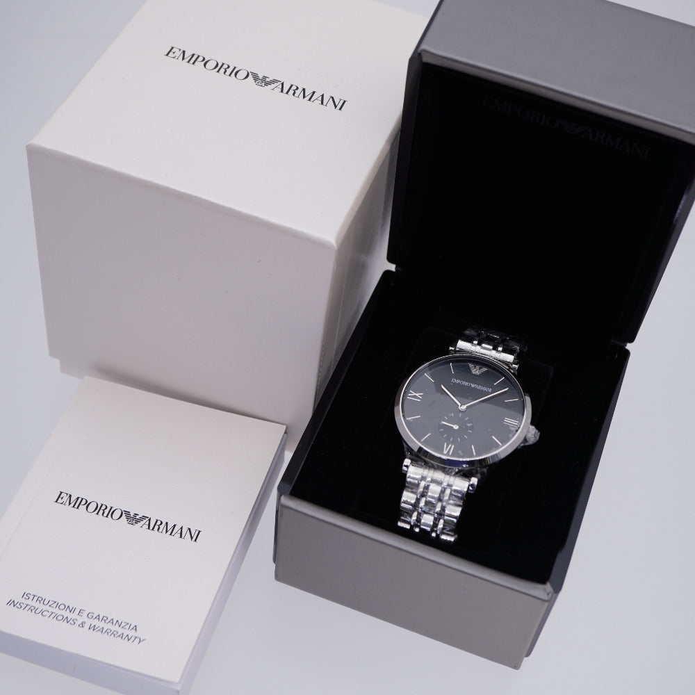 未使用 エンポリオ アルマーニ クオーツ AR-1676 腕時計 ステンレススチール/ ブラック 黒文字盤 0036【中古】Emporio Armani メンズ