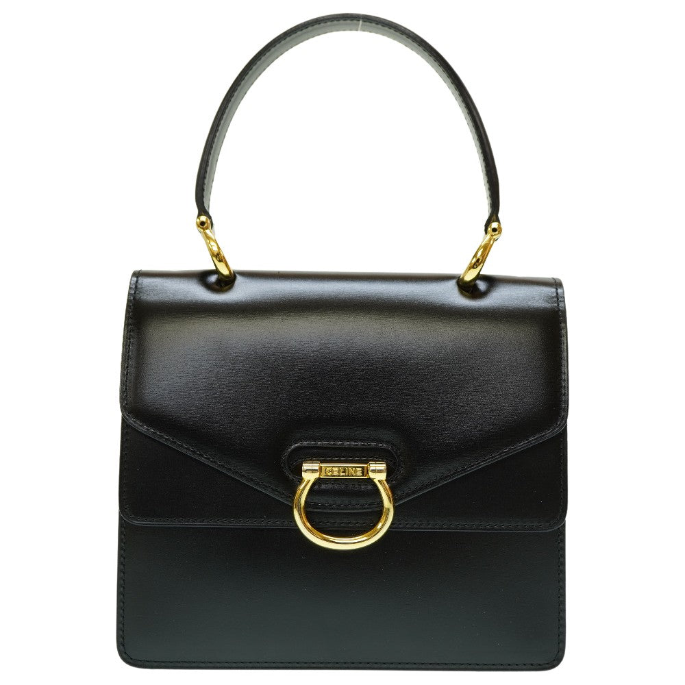 新品同様 セリーヌ ダブルフラップ ヴィンテージ ハンドバッグ レザー ブラック 黒 ゴールド金具 0042【中古】CELINE