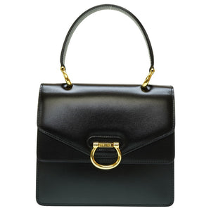 新品同様 セリーヌ ダブルフラップ ヴィンテージ ハンドバッグ レザー ブラック 黒 ゴールド金具 0042【中古】CELINE