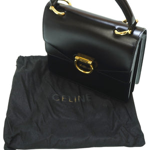 新品同様 セリーヌ ダブルフラップ ヴィンテージ ハンドバッグ レザー ブラック 黒 ゴールド金具 0042【中古】CELINE