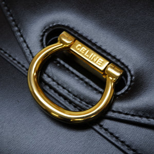 新品同様 セリーヌ ダブルフラップ ヴィンテージ ハンドバッグ レザー ブラック 黒 ゴールド金具 0042【中古】CELINE