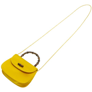 美品 グッチ バンブー サテン チェーン ショルダー ハンドバッグ サテン イエロー 黄色 0060【中古】GUCCI