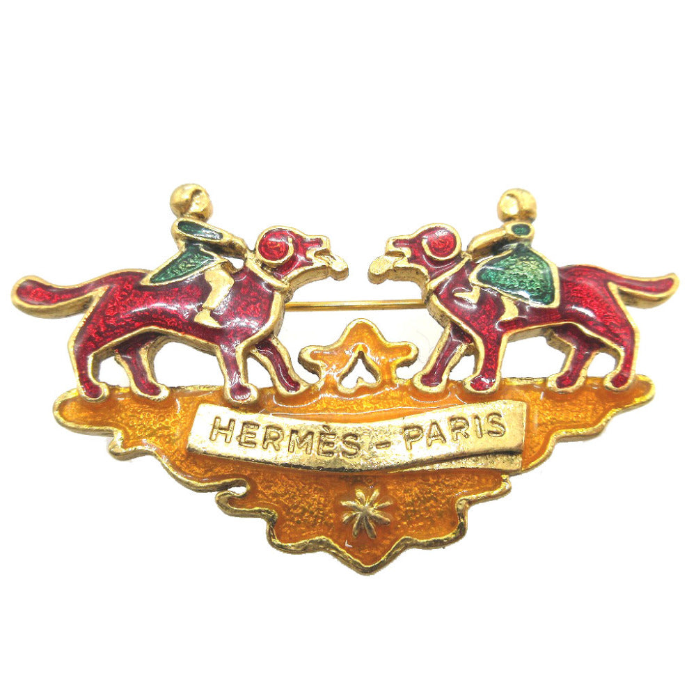エルメス ドッグモチーフ 七宝焼き メタル ゴールド レッド 赤 ブローチ 0143【中古】HERMES