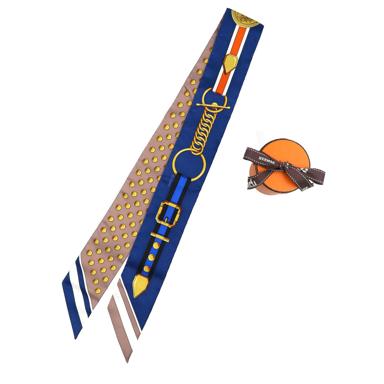 新品同様 エルメス ツイリー グラン トゥラララ シルク マリン マロングラッセ ゴールド スカーフ 0239【中古】HERMES