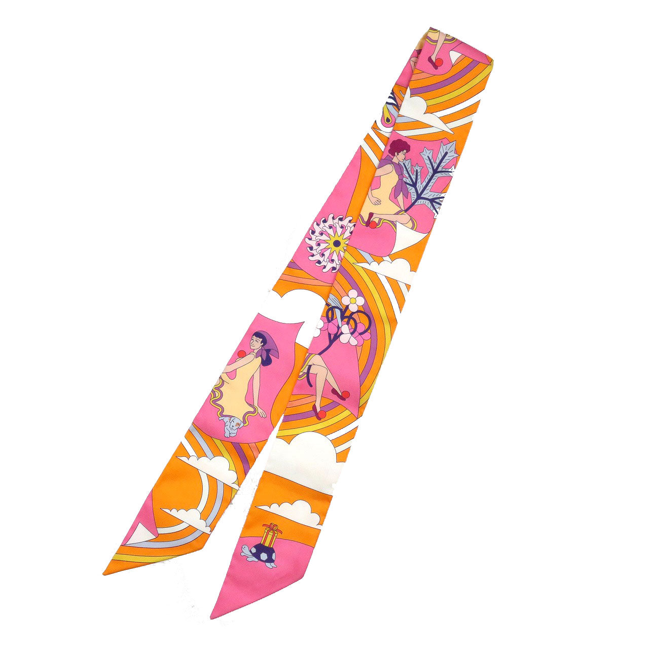 新品同様 エルメス ツイリー 空飛ぶカレ シルク ピンク オレンジ スカーフ 0240【中古】HERMES