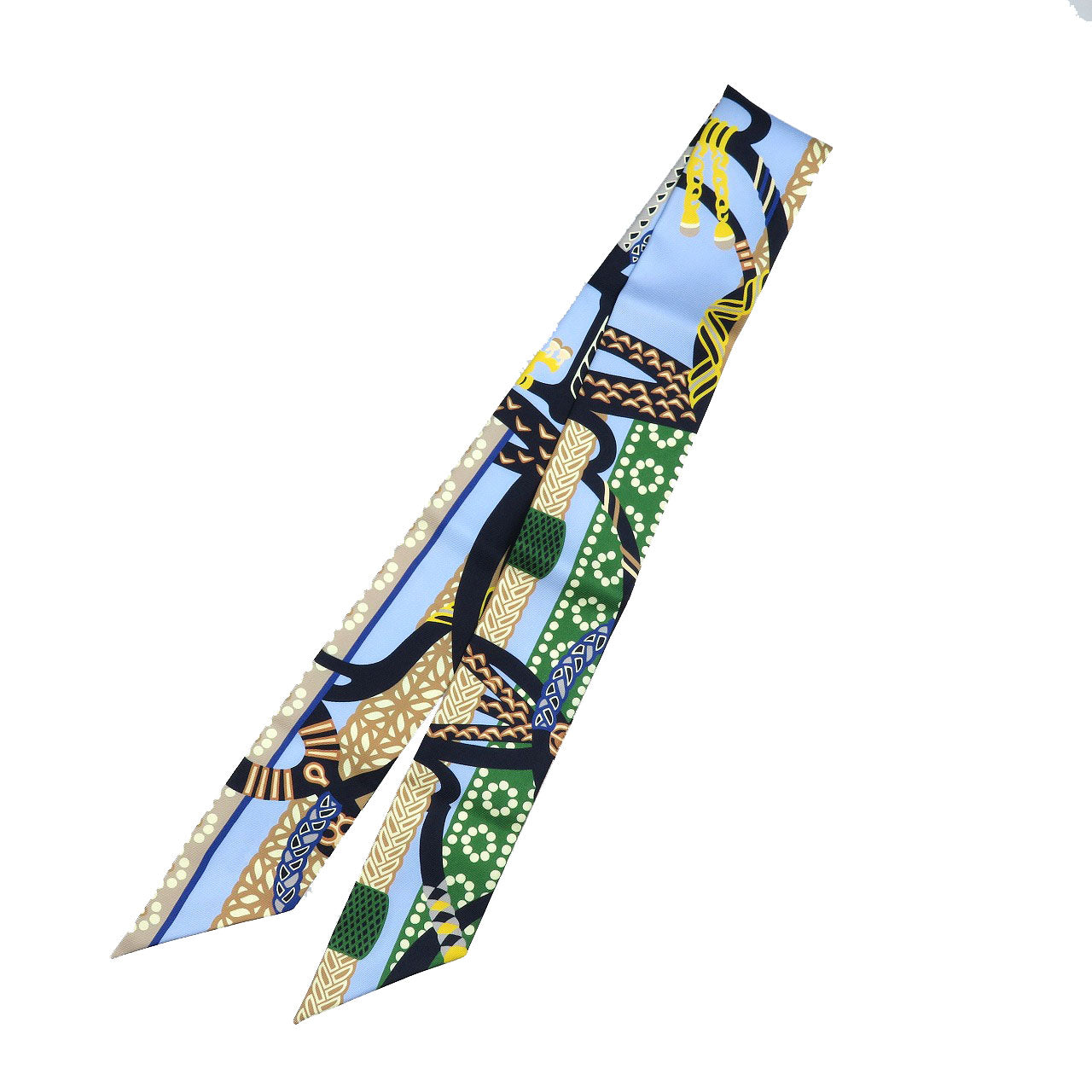 新品同様 エルメス ツイリー 鐙の幻想 シルク ブルー グリーン ネイビー スカーフ 0247【中古】HERMES