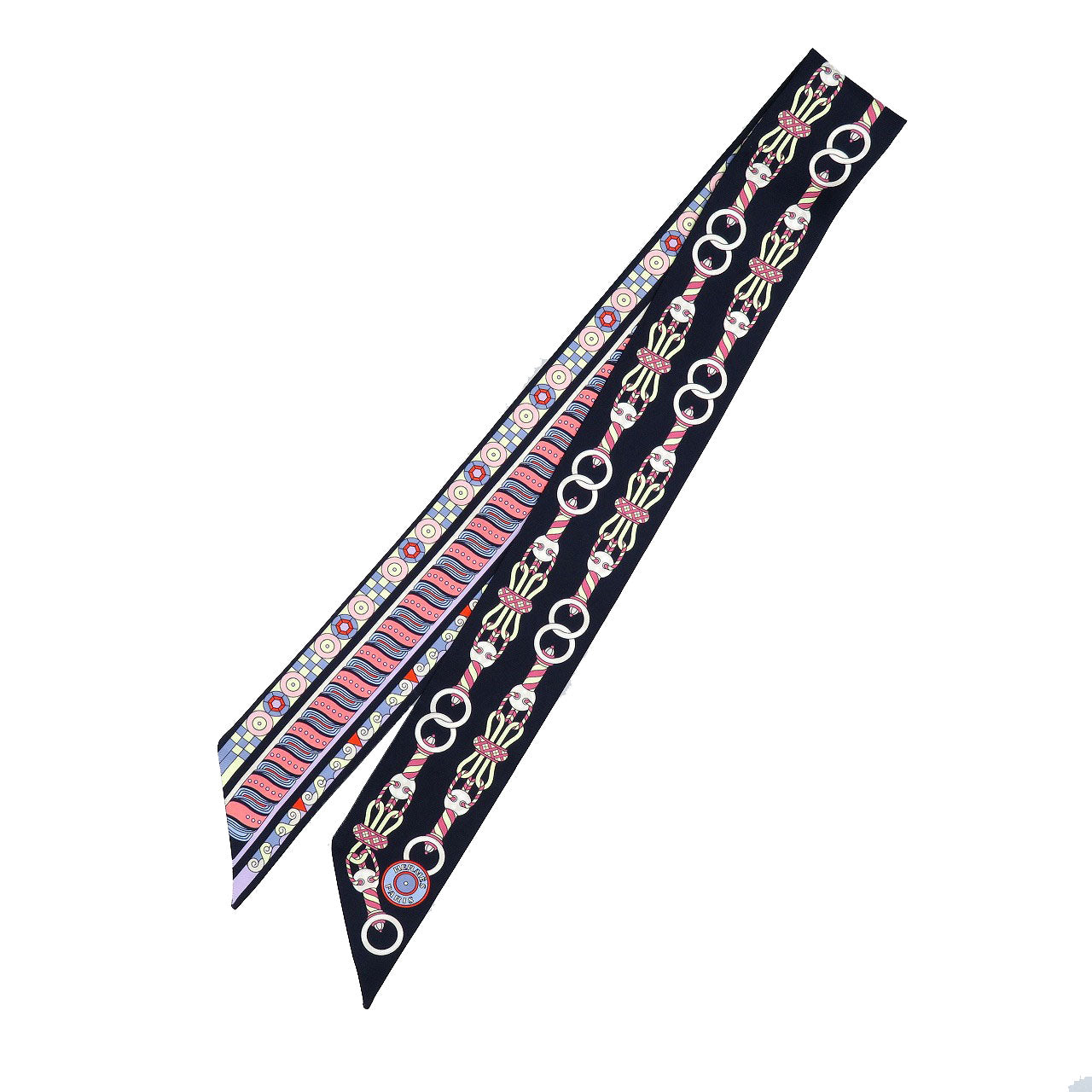 新品同様 エルメス ツイリー ハーネスの薔薇窓 シルク マリーヌ ローズ ジョーヌ ネイビー スカーフ 0249【中古】HERMES