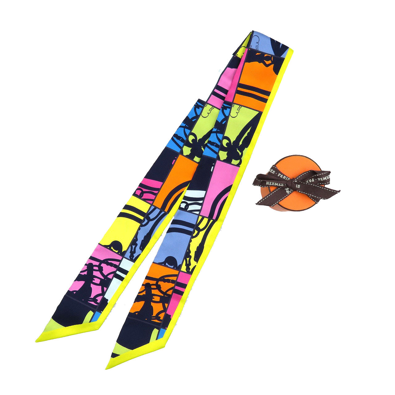 未使用 エルメス ツイリー 無秩序 シルク ジョーヌヴィフ ローズ オレンジ マルチカラー スカーフ 0252【中古】HERMES