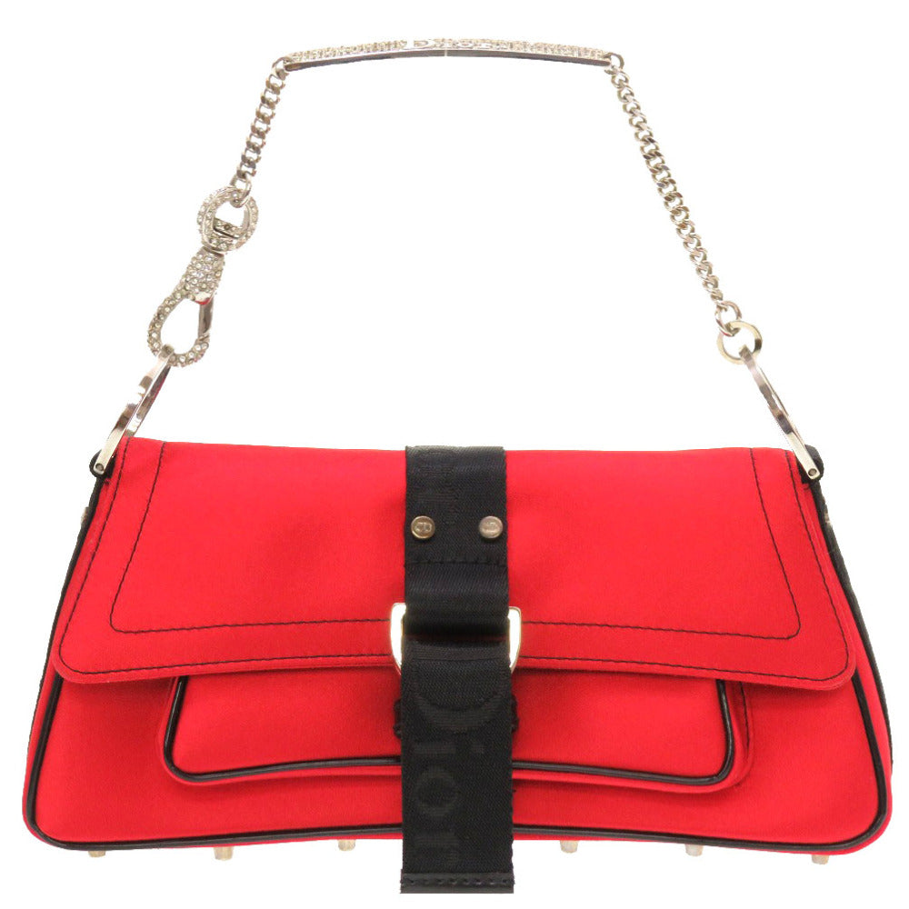 美品 クリスチャン ディオール ラインストーン サテン ストーン レッド ロゴ ハンドバッグ バッグ 赤 0104 【中古】 Christian Dior