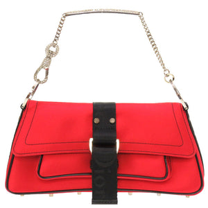 美品 クリスチャン ディオール ラインストーン サテン ストーン レッド ロゴ ハンドバッグ バッグ 赤 0104 【中古】 Christian Dior