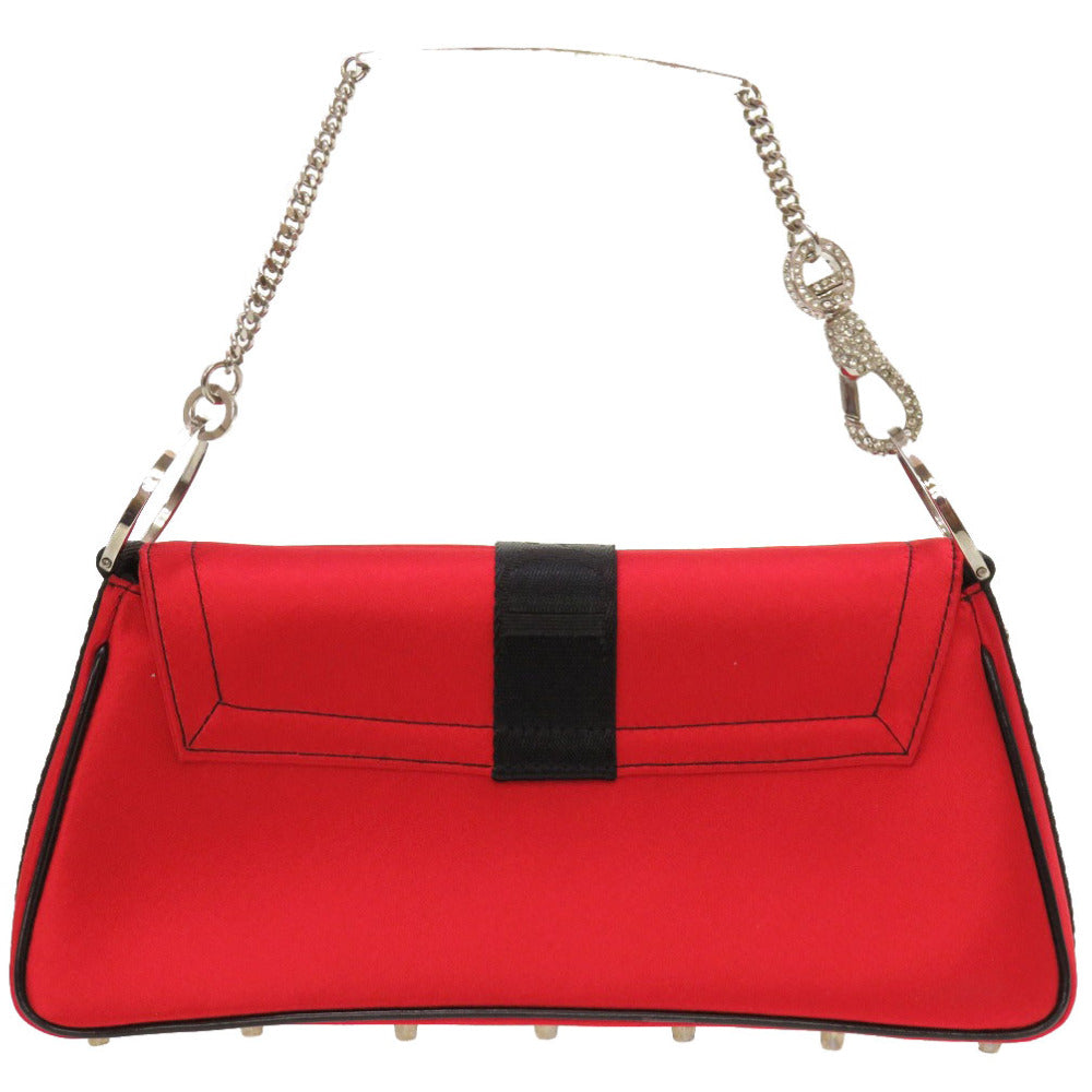 美品 クリスチャン ディオール ラインストーン サテン ストーン レッド ロゴ ハンドバッグ バッグ 赤 0104 【中古】 Christian Dior