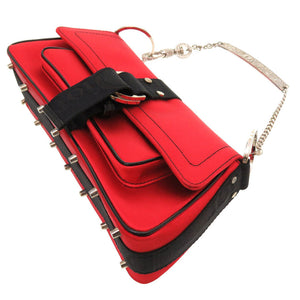 美品 クリスチャン ディオール ラインストーン サテン ストーン レッド ロゴ ハンドバッグ バッグ 赤 0104 【中古】 Christian Dior