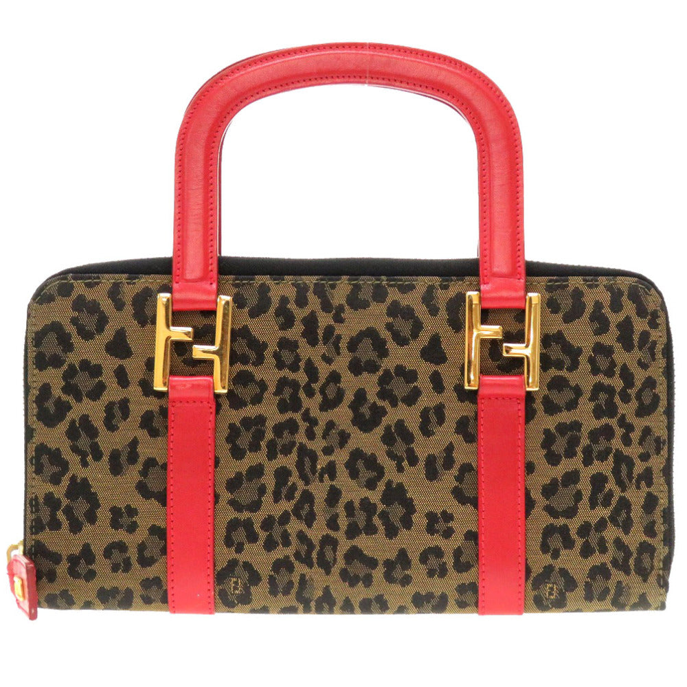 美品 フェンディ レオパード 柄 キャンバス レザー ブラウン トラベルバッグ ハンドバッグ 茶 0127 【中古】 FENDI