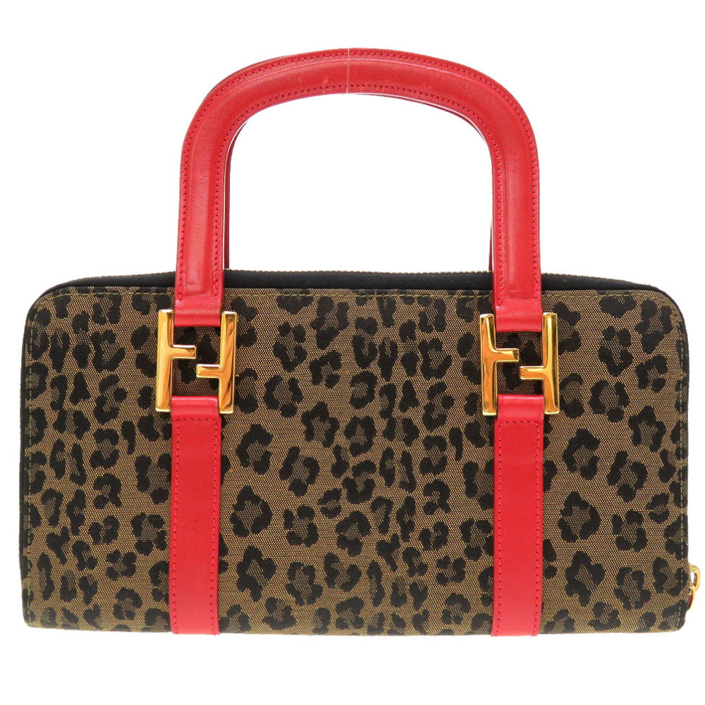 美品 フェンディ レオパード 柄 キャンバス レザー ブラウン トラベルバッグ ハンドバッグ 茶 0127 【中古】 FENDI