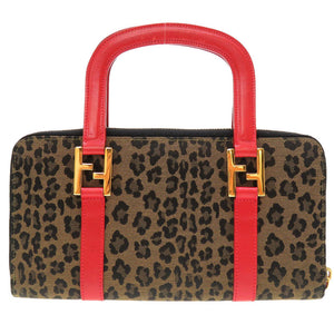 美品 フェンディ レオパード 柄 キャンバス レザー ブラウン トラベルバッグ ハンドバッグ 茶 0127 【中古】 FENDI