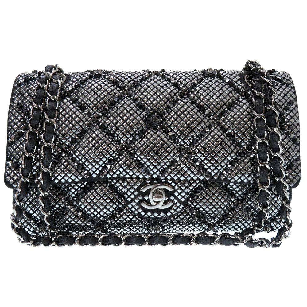 未使用 シャネル マトラッセ25 ダブルフラップ サテン ラムスキン スタッズ ラインストーン ブラック シルバー ランダムシリアル シルバーチェーン ショルダーバッグ 二重蓋 黒 0016 【中古】 CHANEL