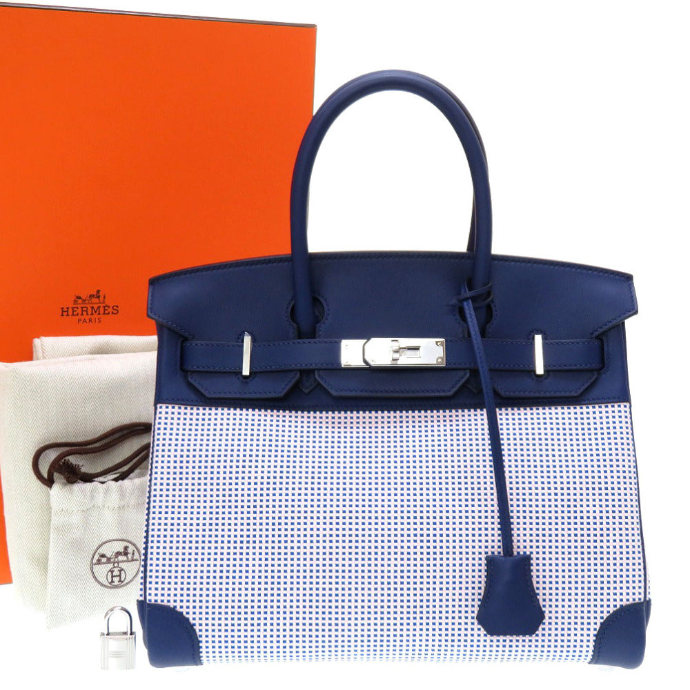 未使用 エルメス バーキン30 トワルキャドリーユ ヴォ―スイフト ブルーサフィール エクリュ モーヴ ブルービル シルバー金具 B刻印(2023年製) ハンドバッグ バッグ 青 0018 【中古】 HERMES