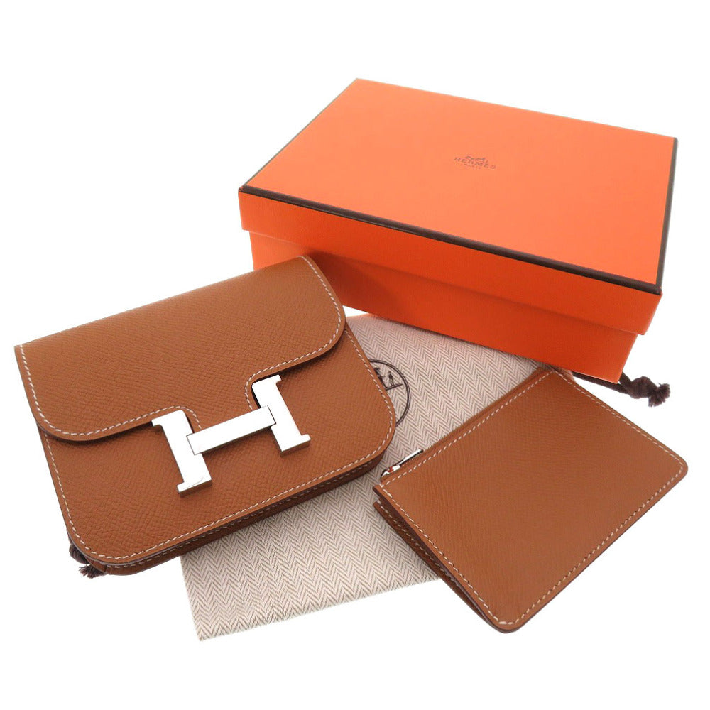 美品 エルメス コンスタンス スリム ヴォーエプソン ゴールド シルバー金具 U刻印(2022年製) 二つ折り財布 財布 茶 0031 【中古】 HERMES