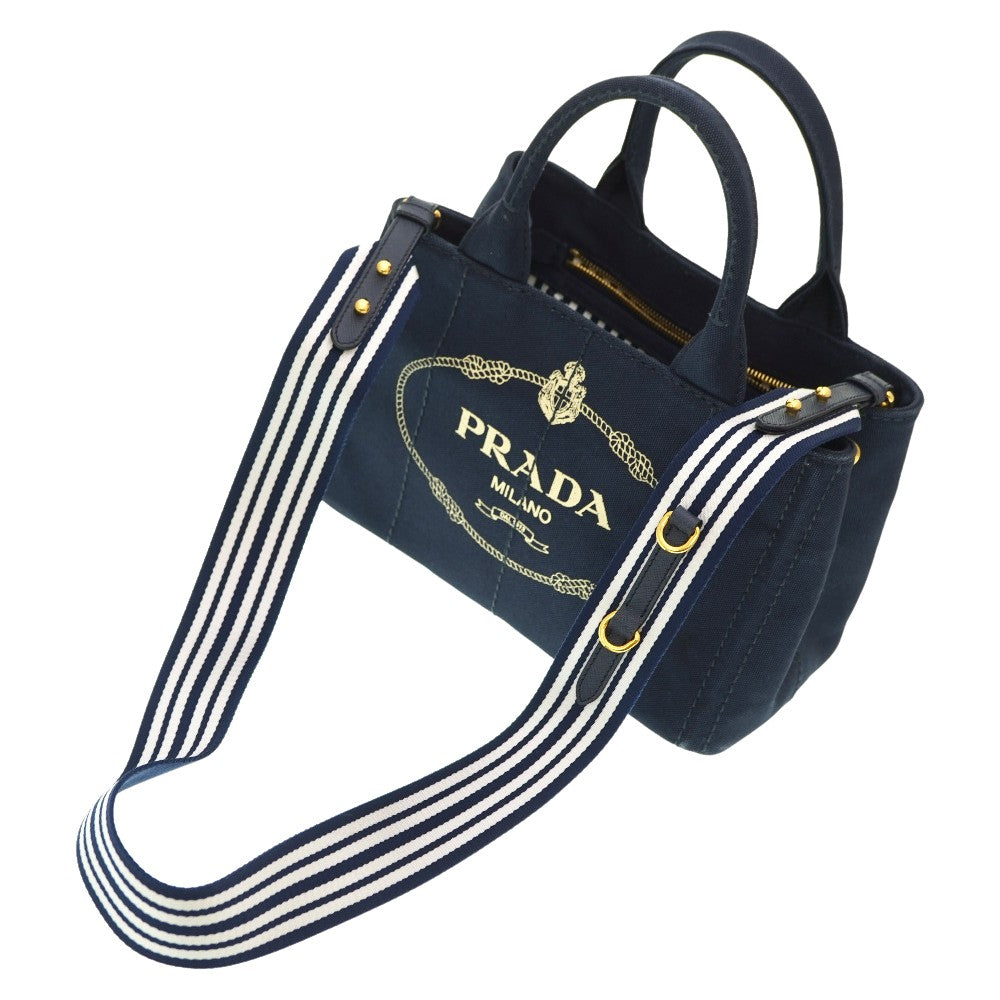 プラダ カナパ ミニ 1BG439 ショルダー トートバッグ キャンバス ネイビー ストライプ 0036【中古】PRADA ストラップ付
