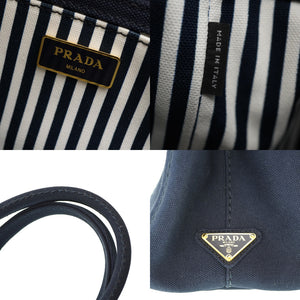 プラダ カナパ ミニ 1BG439 ショルダー トートバッグ キャンバス ネイビー ストライプ 0036【中古】PRADA ストラップ付