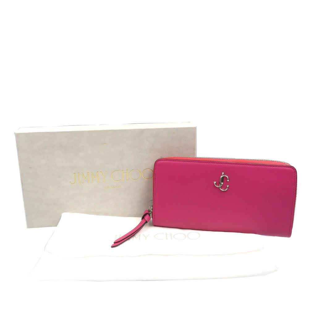 未使用 ジミーチュウ ピッパ レザー シルバー金具 ピンク ラウンドファスナー 長財布 0073【中古】JIMMY  CHOO