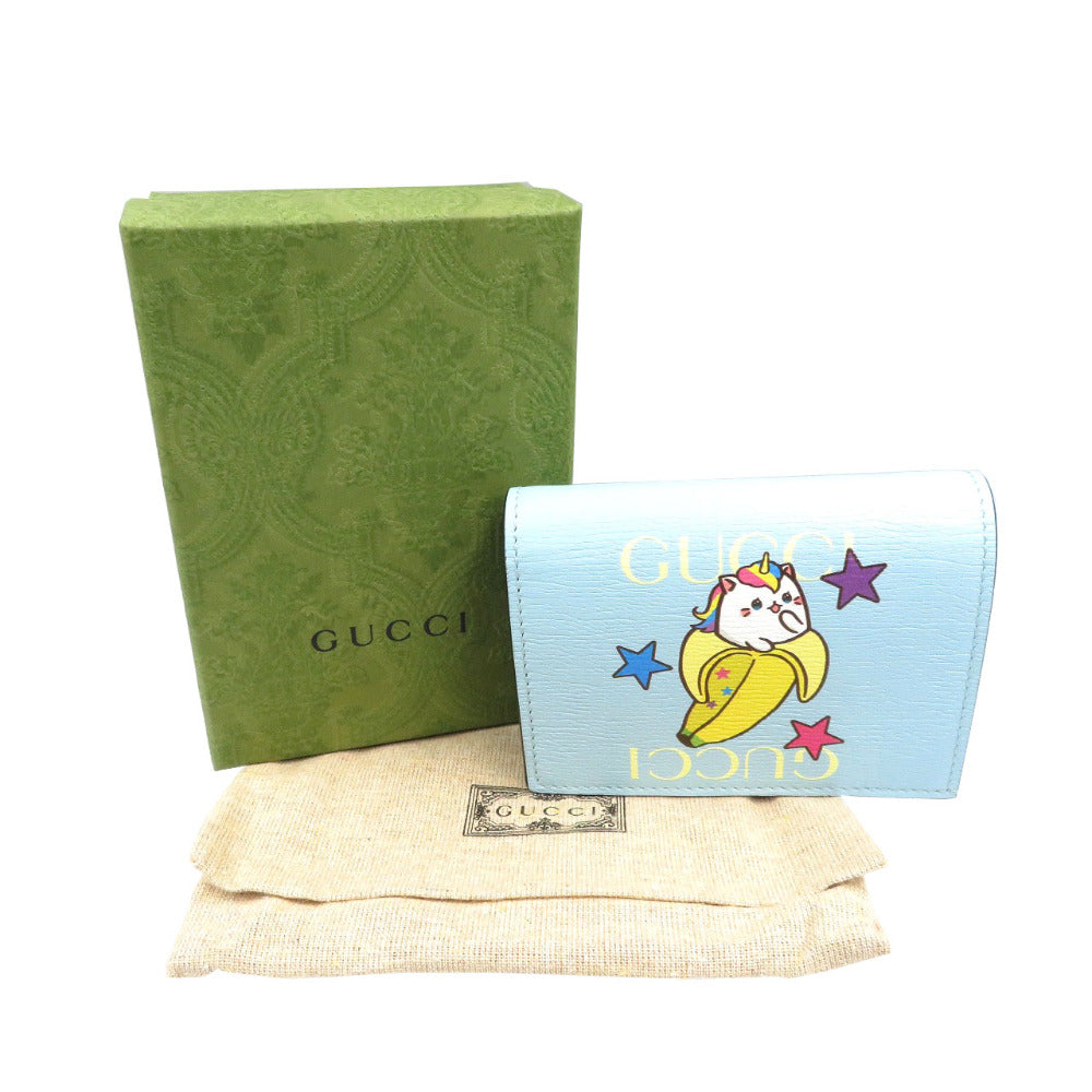 未使用 グッチ レインボー＆スター ばなにゃ 701009 レザー ゴールド金具 ブルー 二つ折り財布 0074【中古】GUCCI