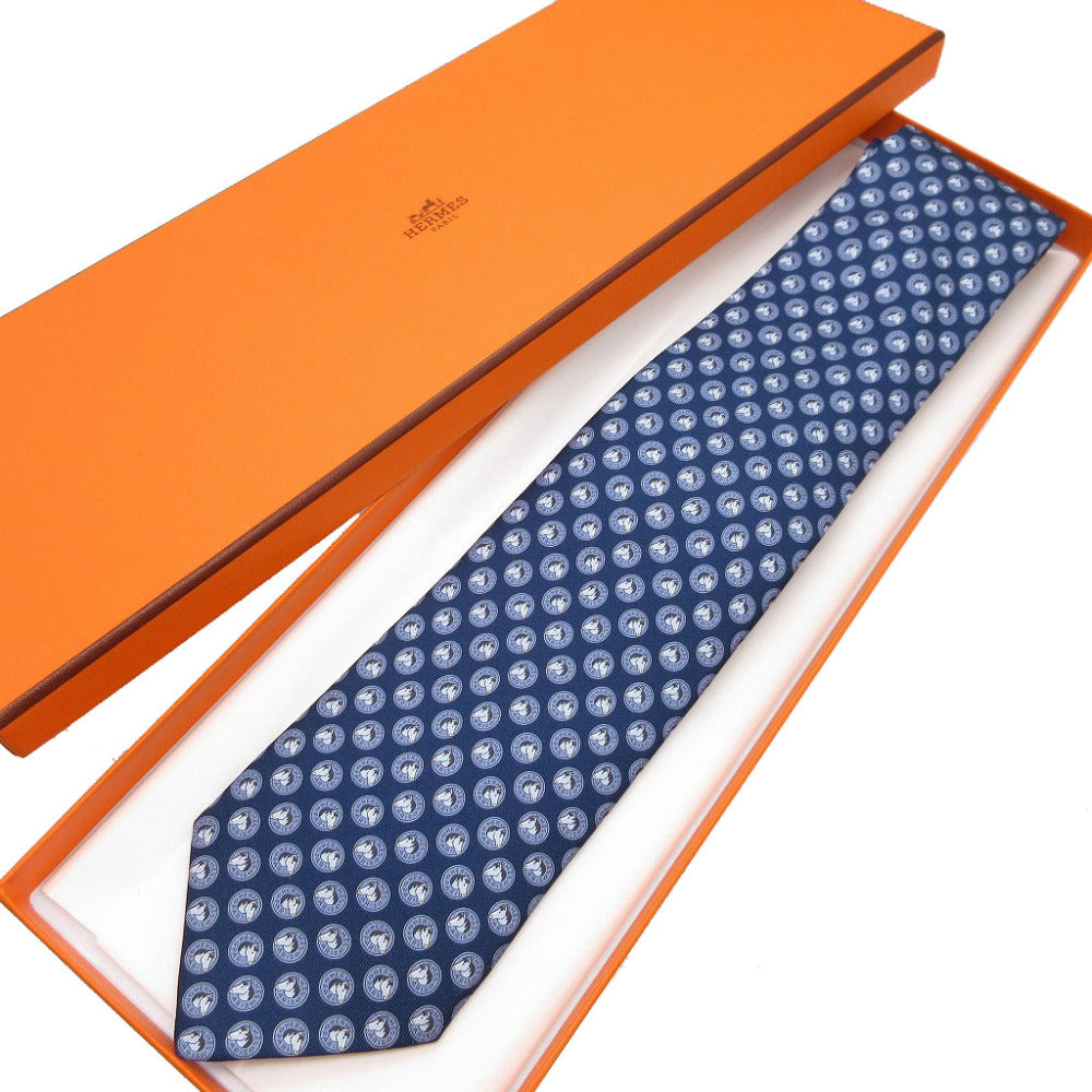 新品同様 エルメス 馬柄 シルク ネイビー 紺 ネクタイ 0006【中古】HERMES