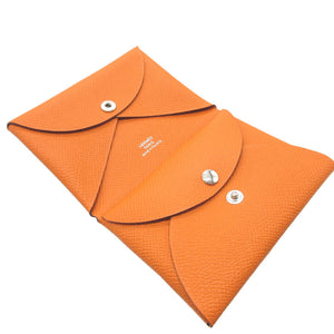 美品 エルメス カルヴィデュオ U刻印(2022年製) ヴォーエプソン オレンジ カードケース 0016【中古】HERMES