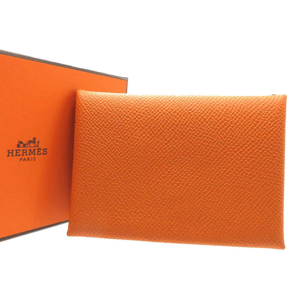 美品 エルメス カルヴィデュオ U刻印(2022年製) ヴォーエプソン オレンジ カードケース 0016【中古】HERMES
