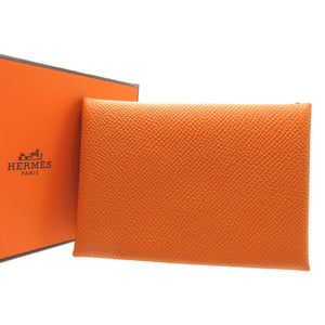 美品 エルメス カルヴィデュオ U刻印(2022年製) ヴォーエプソン オレンジ カードケース 0016【中古】HERMES