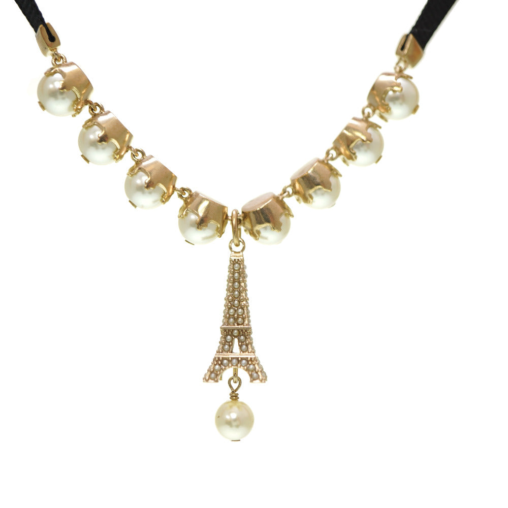 新品同様 ディオール エッフェル塔 パール チョーカー ネックレス ゴールドカラー アクセサリー 0048【中古】Dior