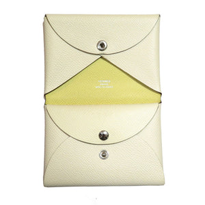 新品同様 エルメス カルヴィデュオヴェルソ シェーブル シルバー金具 ナタ ジョーヌプッサン アイボリー コインケース付き カードケース 0066【中古】HERMES