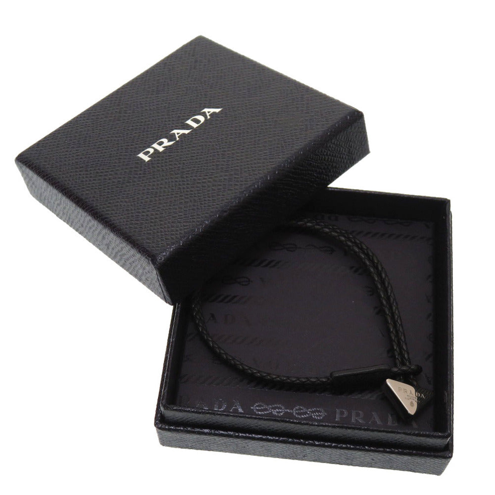 未使用 プラダ トライアングル レザーメタル ブラック シルバー ブレスレット アクセサリー 黒 0070 【中古】 PRADA