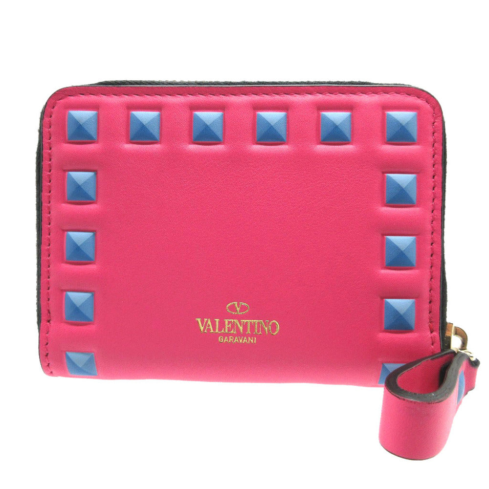 新品同様 ヴァレンティノ スタッズ レザー ピンク コインパース コインケース 財布 0080【中古】VALENTINO