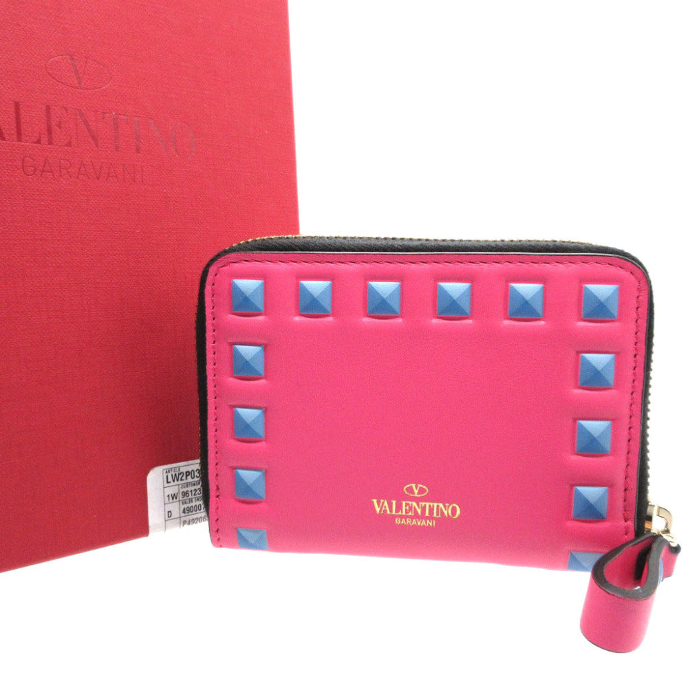 新品同様 ヴァレンティノ スタッズ レザー ピンク コインパース コインケース 財布 0080【中古】VALENTINO