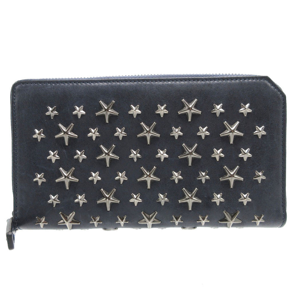 美品 ジミーチュウ スタースタッズ レザー ネイビー 紺 ラウンドファスナー長財布 財布 0087【中古】JIMMY CHOO