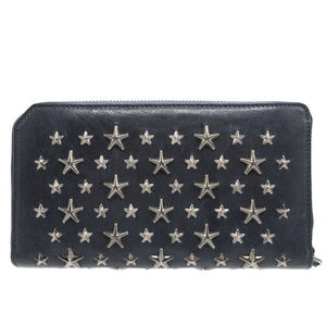 美品 ジミーチュウ スタースタッズ レザー ネイビー 紺 ラウンドファスナー長財布 財布 0087【中古】JIMMY CHOO