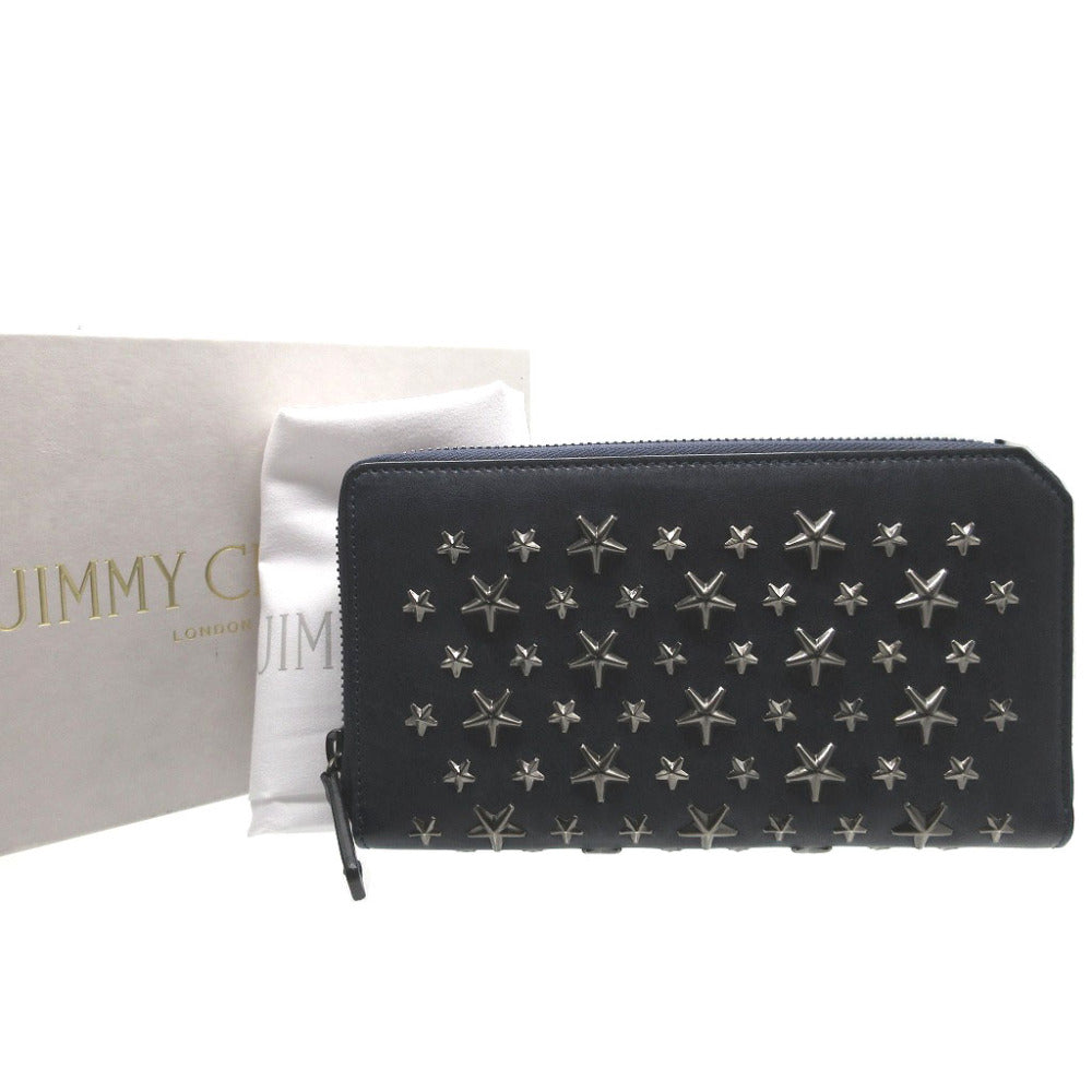 美品 ジミーチュウ スタースタッズ レザー ネイビー 紺 ラウンドファスナー長財布 財布 0087【中古】JIMMY CHOO