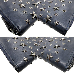 美品 ジミーチュウ スタースタッズ レザー ネイビー 紺 ラウンドファスナー長財布 財布 0087【中古】JIMMY CHOO
