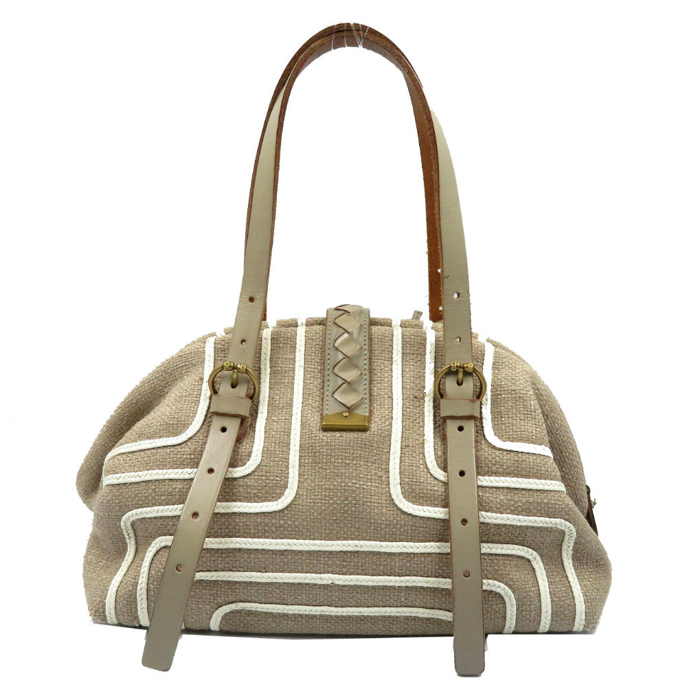 ボッテガヴェネタ イントレチャート キャンバス レザー グレー ゴールド金具 ハンドバッグ バッグ 0029 【中古】BOTTEGA VENETA