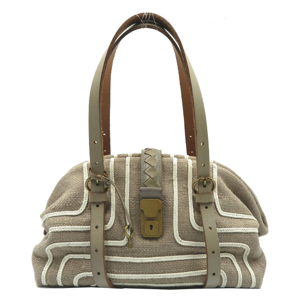 ボッテガヴェネタ イントレチャート キャンバス レザー グレー ゴールド金具 ハンドバッグ バッグ 0029 【中古】BOTTEGA VENETA